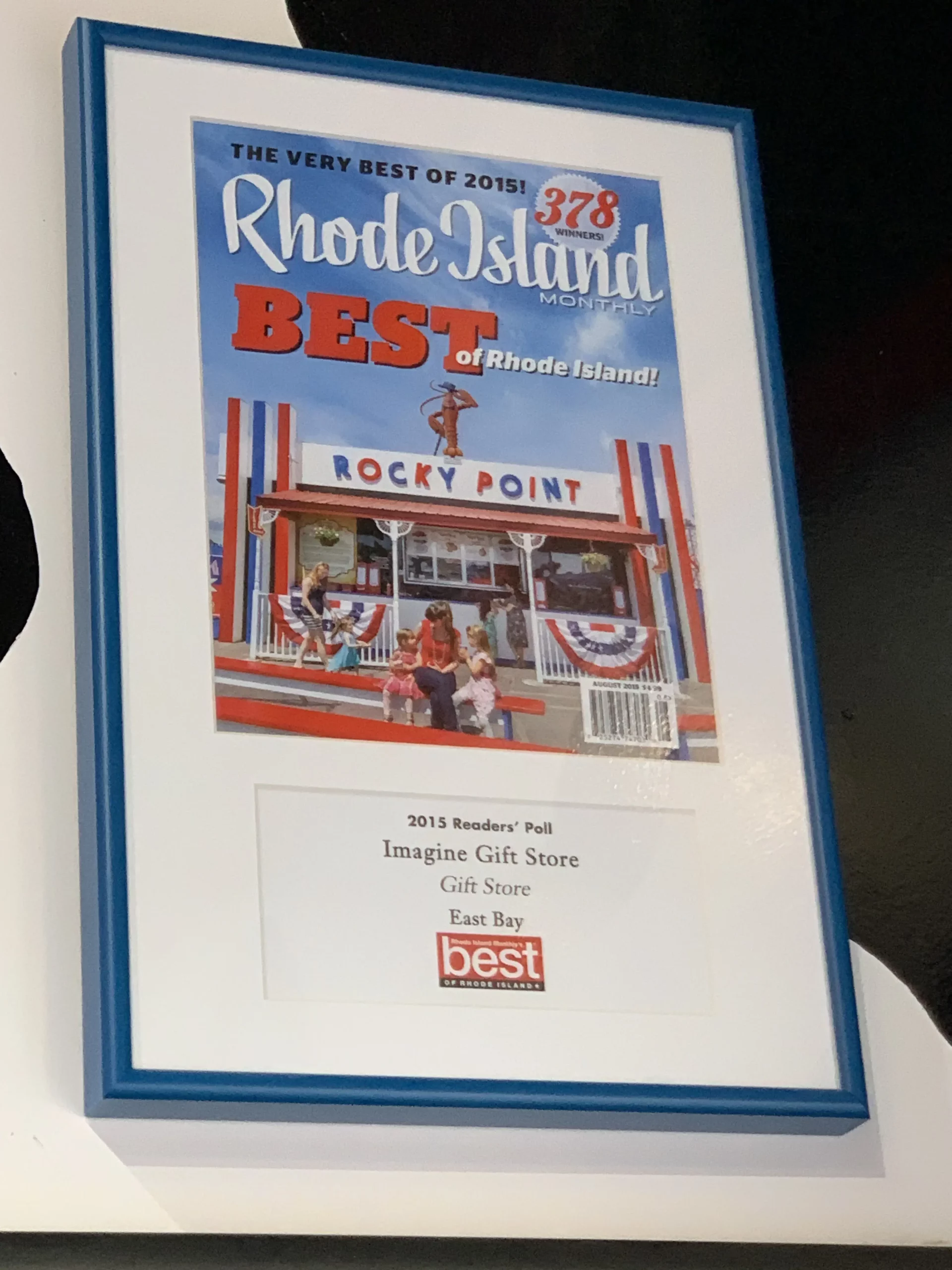 Award stating that Imagine Gift Stoe is Rhode Island Monthly's 2015 Best of Rhode Island Award recipient.