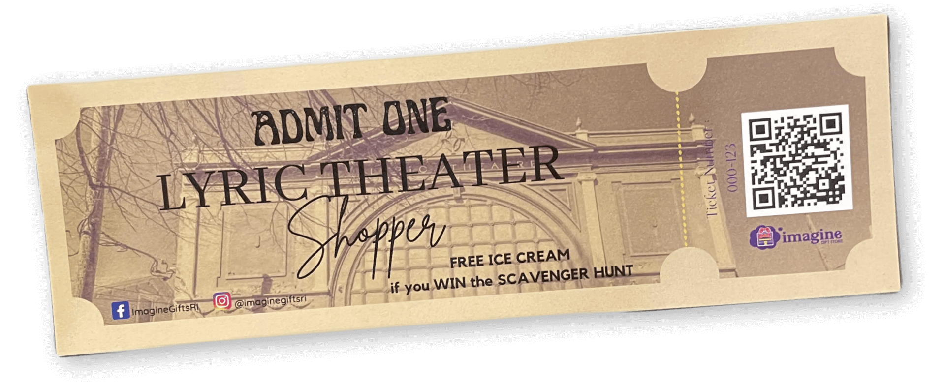 Imagine Gift Store Scavenger Hunt example ticket that resembles a classic theater ticket inspired by the Lyric Theater origins of Imagine Gift Store.