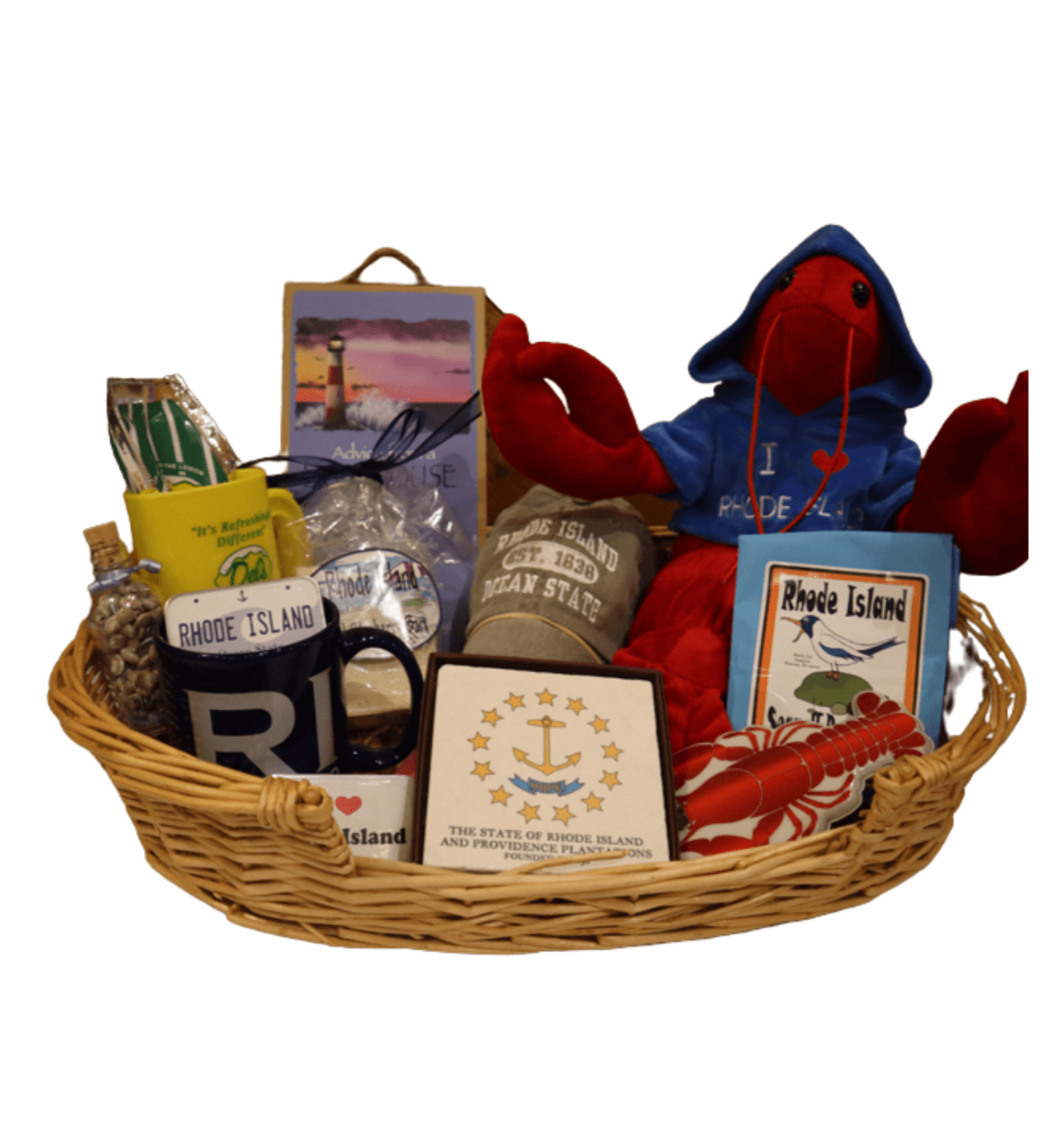 Wedding favor that is a basket, featuring many Rhode Island souvenirs and products.